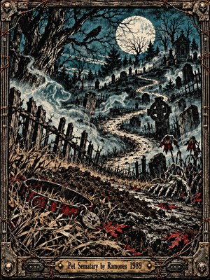 A moonlit cemetery stretches beneath twisted trees, where ghostly animals drift through mist along a winding path. Crooked gravestones, shattered fences, and disturbed earth create an eerie atmosphere. A crimson collar rests among fallen leaves. Distressed woodcut textures, cold blue shadows, and an ornate metallic frame evoke gothic punk horror.