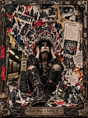 A tormented punk clutches their head amid swirling torn posters, watchful eyes, psychiatric notes, and shattered reflections. Grimy subway imagery and defiant slogans crowd the claustrophobic collage. Harsh fluorescent light catches black, yellowed paper, and crimson fragments, while a rusted, guitar-inspired industrial frame encloses the chaotic scene.