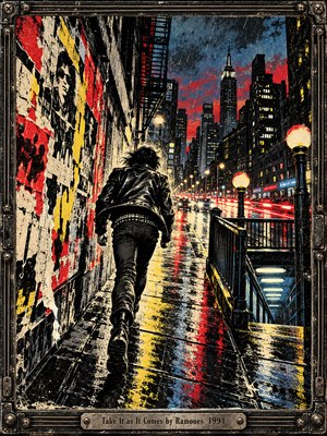 A lone leather-clad figure races through a rain-soaked city street, past torn punk posters and a glowing subway entrance. Crimson, yellow, and icy blue reflections streak across black pavement beneath towering buildings. Gritty screen-print textures and dramatic perspective create restless urgency, enclosed by an ornate, weathered metal frame.