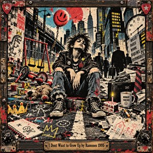 A defiant punk teenager slouches on cracked pavement between abandoned playground toys and looming office towers. A chained smiley balloon floats overhead as suited figures retreat beneath a giant clock. Distressed screen-print textures, harsh shadows, and splashes of red, yellow, cyan, and black convey gritty urban rebellion. A riveted metal frame completes the scene.