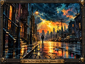 A lone figure walks down a rain-soaked city street beneath storm clouds split by fiery sunset light. Wet cobblestones reflect orange and gold against deep blue shadows, while brick buildings, parked cars, and power lines frame the distant skyline. Gritty poster-style artwork conveys melancholy and hope within an ornate metal frame.