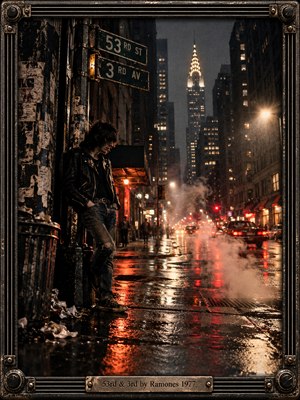 A solitary punk in a leather jacket leans beneath weathered street signs on a rain-soaked New York corner. Red taillights and amber streetlamps shimmer across wet pavement as steam rises between shadowy skyscrapers. Gritty cinematic photography captures urban isolation and tension, enclosed within a distressed metal frame with an engraved title plate.