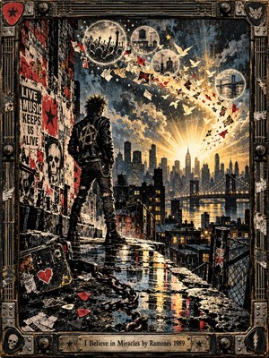 A lone punk in a battered leather jacket overlooks a rain-soaked city as golden light bursts behind its skyline. Torn concert posters, broken chains, soaring birds, and floating memories suggest survival and hope. Gritty screen-print textures, smoky blues, reds, and blacks fill an ornate guitar-inspired frame with engraved metalwork.