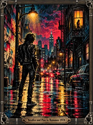 A lone punk rocker stands on a rain-soaked New York street beneath glowing amber streetlights, gazing toward a distant skyline and a silhouetted woman in a window. Vibrant crimson, cyan, and golden reflections illuminate the moody scene. Distressed screenprint textures and a guitar-inspired metallic frame evoke heartbreak, nostalgia, and rebellion.