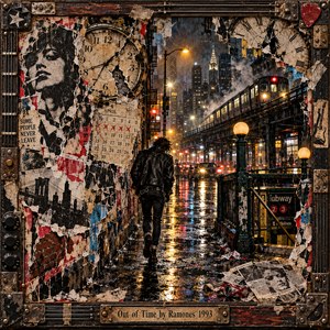 A lone punk in a black leather jacket walks along a rain-soaked city street beneath an elevated train. Torn posters, cracked clocks, and crossed-out calendars surround him, suggesting fading memories and lost time. Golden streetlights shimmer across dark pavement in a gritty, nostalgic mixed-media collage framed with weathered metal.