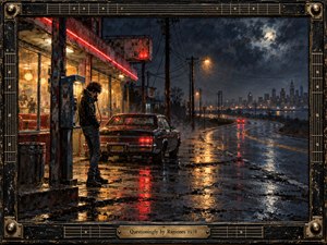 A solitary punk stands beside a roadside payphone outside a glowing diner, surrounded by rain-soaked pavement and vintage cars. A winding highway leads toward a distant city beneath stormy moonlit skies. Rich oil textures, crimson neon, amber reflections, and midnight blues create a melancholic atmosphere, enclosed within an ornate guitar-inspired frame.