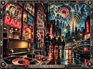 A glowing vintage radio overlooks a rain soaked New York street where leather clad punks wander beneath neon signs. Crimson, electric blue, and golden reflections illuminate record shops, vintage cars, and ghostly musical memories. Distressed screen print textures, radiating broadcast waves, and an ornate metallic frame celebrate rock nostalgia.