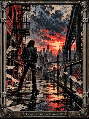 A lone leather-clad figure stands defiantly on a rain-soaked walkway overlooking a stormy New York skyline. Fiery red sunset light pierces dark clouds, reflecting across wet pavement. Distressed screen-print textures, steel bridges, fire escapes, and scattered debris create gritty punk atmosphere. A riveted metallic frame reinforces themes of endurance and resilience.