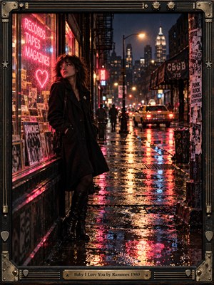 A solitary young woman in a dark coat lingers beside a neon record shop on a rain-soaked New York street. Pink hearts, amber streetlights, and blue reflections illuminate distant taxis and punk posters. Cinematic photography captures romantic longing beneath urban grit, surrounded by a weathered, guitar-inspired metal frame.