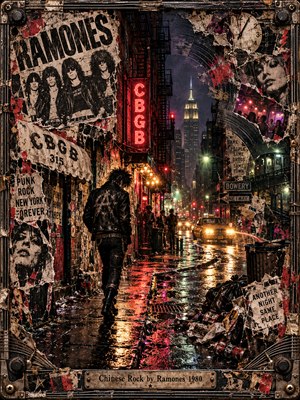 A lone punk walks a rain-soaked New York street beneath flickering neon, his leather jacket silhouetted against approaching headlights. Torn Ramones posters, CBGB signs, scattered trash, and a distant skyline create a restless urban atmosphere. Crimson, amber, and black dominate this gritty collage, enclosed in a riveted metal frame with an engraved title plate.