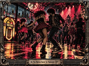 A leather-clad couple dances wildly across a crowded punk club, surrounded by swirling skirts and energetic silhouettes. Crimson stage lights illuminate musicians beneath a glittering disco ball, while a glowing jukebox overlooks the scene. Distressed screen-print textures, dramatic shadows, vibrant reflections, and an industrial metal frame capture rebellious 1970s excitement.