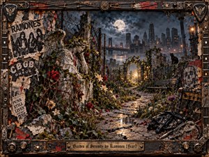 A moonlit path winds through an overgrown garden toward a distant city skyline. A sorrowful stone angel rests among roses, thorny vines, and torn punk posters, while a black cat watches nearby. Cool blue shadows contrast with amber lights. Distressed collage textures and a riveted metal frame evoke melancholy.