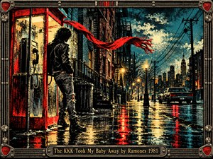 A solitary punk in a black leather jacket stands beside a glowing telephone booth on a rain-soaked city street. A crimson scarf whips across the turbulent sky. Golden streetlights illuminate glistening pavement beneath dark buildings. Distressed screen-print textures, dramatic shadows, and an ornate metallic guitar-inspired frame create an ominous atmosphere.