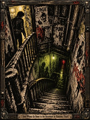 A lone punk in a leather jacket hesitates above a decaying stairwell, where warped steps plunge toward an eerie green glow. Torn concert posters, exposed pipes, and graffiti crowd the walls. Harsh yellow light, red accents, and scratchy black woodcut textures create a claustrophobic, rebellious atmosphere within an industrial frame.