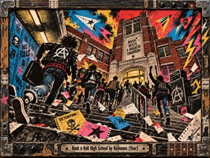 Punk-clad students charge up the steps of a towering brick high school, scattering flyers beneath an explosive red, yellow, and blue sky. Distressed screen-print textures, jagged lightning, and glowing doorway light amplify the rebellious energy. Graffiti-covered lockers, towering amplifiers, and a weathered guitar-themed metal frame complete the chaotic scene.