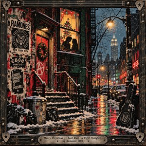 Snow blankets a gritty New York street where punk posters, glowing neon, and wet pavement frame a warmly lit apartment window. Two silhouettes stand beside a Christmas tree, suggesting fragile reconciliation. Distressed screen-print textures, deep reds, greens, and amber streetlights contrast with icy blue dusk, enclosed by a guitar-inspired metal frame.