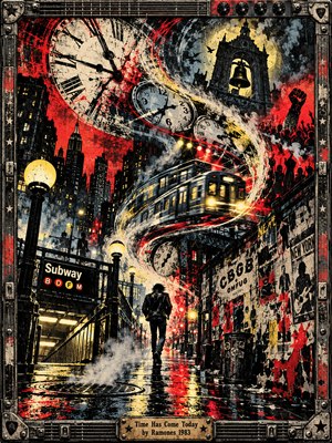A lone leather-jacketed figure walks through a rain-soaked New York street beneath swirling clocks and a speeding subway train. Crimson skies, golden streetlights, smoky shadows, and weathered punk posters create rebellious urgency. Distressed screen-print textures, dramatic contrasts, and a riveted metal frame surround this chaotic vision of time.