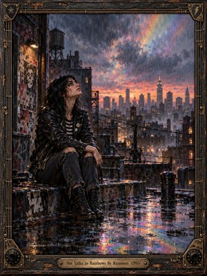 A solitary punk woman sits on a rain-soaked New York rooftop, gazing toward luminous rainbow clouds above a shadowy skyline. Warm sunset light contrasts with stormy blues and charcoal buildings. Colorful reflections shimmer across puddles, while weathered posters and an ornate guitar-inspired metal frame enhance the melancholic oil painting.