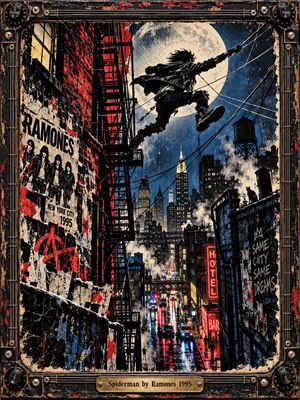 A shadowy figure leaps above rain-soaked New York streets beneath a luminous moon, surrounded by tangled wires, fire escapes, and torn Ramones posters. Red neon and golden windows illuminate the midnight blue cityscape. Distressed halftone textures, gritty punk graphics, and a weathered guitar-inspired frame create restless, rebellious energy.