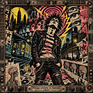 A defiant punk teenager stands amid gritty New York streets, subway trains, and looming skyscrapers. Jagged yellow lightning, swirling pink circles, repeated faces, staring eyes, and anatomical sketches create frantic tension. Distressed screen printing in black, cyan, and crimson captures rebellious 1970s energy, enclosed within an industrial guitar-inspired frame.