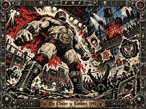 A towering masked wrestler dominates a chaotic punk arena, his clenched fists and heavy boots looming over cheering crowds. Harsh spotlights illuminate torn posters, red banners, and industrial scaffolding. Bold black-and-cream linocut textures, crimson splashes, and smoky blue shadows create rebellious energy, surrounded by an elaborate guitar-inspired metal frame.