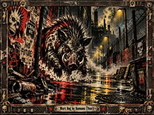 A snarling, tusked boar charges through a rain-soaked industrial alley beneath smoky yellow streetlights. Torn punk posters, skull graffiti, barbed wire, and distant smokestacks crowd the scene. Harsh black, crimson, and dirty gold define a gritty screen-print composition, framed by riveted metal and guitar hardware, conveying raw urban aggression.