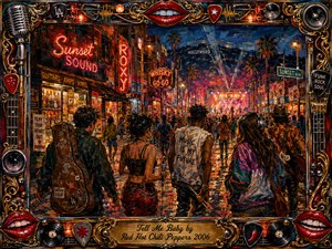 Young musicians move through a neon-lit Los Angeles street toward a glowing concert stage, capturing ambition, connection, and restless energy. Rich reds, oranges, blues, and golds reflect across wet pavement beneath dramatic spotlights. Thick painterly textures, crowded silhouettes, instruments, music signs, and an ornate rock-themed frame create a vibrant, nostalgic atmosphere.