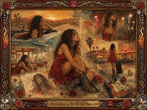 A nostalgic mixed-media collage follows a free-spirited woman through desert highways, diners, motel neon, and smoky stage memories. Warm gold, sepia, dusty red, and turquoise tones glow beneath sunset lighting. Roses, a weathered electric guitar, microphones, and vintage cars surround her, framed by ornate rosewood, chrome, gold, and rock-inspired details.