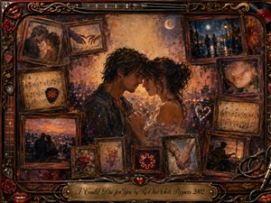A tender couple rests forehead to forehead amid a nostalgic collage of framed memories, moonlit walks, roses, music sheets, clasped hands, and guitar imagery. Warm amber, bronze, crimson, violet, and deep blue tones glow through soft cinematic lighting. Painterly textures, ornate gold detailing, and vintage musical ornaments create a romantic, wistful atmosphere.