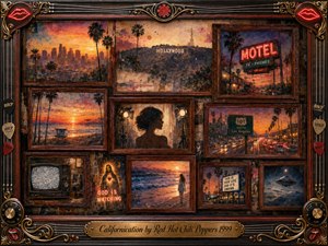 A richly layered California collage blends sunset skylines, palm-lined highways, neon motels, beaches, television static, and surreal celestial imagery within aged rosewood frames. Warm oranges, dusty reds, golds, and deep shadows create a nostalgic, uneasy mood, while painterly textures, glowing signs, musical ornaments, and weathered details evoke fame, illusion, and fading dreams.