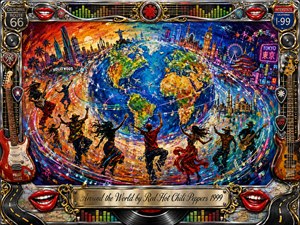 A vibrant acrylic-style globe anchors the scene, surrounded by dancers, musicians, neon skylines, landmarks, and swirling musical pathways that suggest worldwide motion and connection. Fiery oranges, electric blues, reds, and purples glow beneath dramatic stage lighting. An ornate chrome-and-gold music frame, guitars, red lips, speakers, road signs, and an engraved title plate complete the energetic composition.
