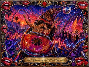 A vibrant acrylic-style fantasy depicts lovers racing through a neon rollercoaster above a glowing city and concert scene. Fiery reds, magentas, purples, blues, and chrome highlights create an exhilarating, romantic mood. Sweeping tracks, cheering riders, sound waves, stage lights, and an ornate music-themed frame intensify the playful rock energy.