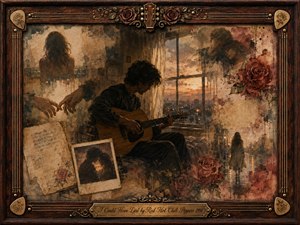 A solitary guitarist sits beside a glowing window, surrounded by fading portraits, handwritten pages, roses, and rain-soaked memories. Warm sepia, rust, burgundy, and muted gold create a melancholy atmosphere. Layered watercolor and oil-paint textures soften the collage, while the carved rosewood frame and engraved title plate deepen its nostalgic, regretful mood.