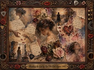 A melancholic mixed-media collage centers on a sorrowful young woman surrounded by torn memories, reaching hands, faded portraits, roses, handwritten notes, and a fractured heart. Warm sepia, dusty rose, cream, and mauve tones glow under soft nostalgic light, framed by ornate rosewood, gold filigree, guitar details, and musical ornaments.