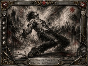 A lone figure reels backward amid a storm of feathered charcoal, smoky motion, and shadowy concert crowds, capturing vulnerability, impact, and defiance. Black, gray, and white dominate, punctuated by crimson accents. Dramatic lighting intensifies the gritty texture, while an ornate chrome-and-gold music-themed frame surrounds the energetic composition.