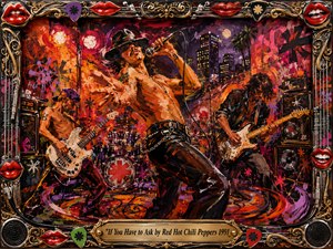 A vibrant acrylic concert scene captures a swaggering funk-rock performance beneath neon city lights, with a dynamic singer, bassist, guitarist, and drummer surrounded by graffiti, amplifiers, and swirling stage energy. Fiery reds, oranges, purples, and blacks dominate, framed by chrome, gold filigree, red lips, guitar picks, strings, and an engraved title plate.