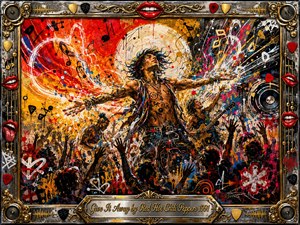 A tattooed rock performer stands with arms outstretched amid a chaotic concert crowd, surrounded by explosive red, orange, gold, black, and white graffiti-like brushwork. Bright stage energy, musical symbols, guitars, raised hands, and vinyl imagery create a rebellious, generous spirit. An ornate chrome-and-gold frame features vivid red lips and an engraved title plate.