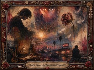 A richly textured memory collage shows a solitary musician, hazy concert stage, glowing motel street, wilted rose, drifting feathers, and distant city lights. Warm crimson, sepia, amber, and smoky blue tones create a wistful, introspective mood. Painterly oil, acrylic, and watercolor textures sit within an ornate rosewood-and-gold musical frame.