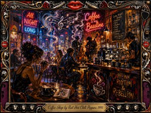 A vibrant late-night coffee shop glows with amber light, neon reds, electric blues, and smoky purples as musicians, patrons, and a tattooed barista fill the energetic interior. Expressive painterly textures, swirling steam, musical motifs, and city lights create rhythmic motion, framed by ornate chrome, gold, guitar hardware, red lips, and amplifier controls.