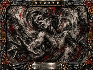 A contorted human figure reaches through a swirling charcoal vortex, surrounded by fractured urban forms, jagged scratches, and crimson streaks. Smoky blacks, grays, and sharp red accents create a tense, disorienting mood. An ornate chrome-and-gold rock-themed frame with lips, cables, knobs, flames, and a polished engraved title plate completes the composition.