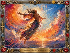 A soaring, free-spirited figure rises above a glowing sunset sea, surrounded by swirling clouds, musical notes, and radiant arcs of color. Fiery oranges, reds, golds, and deep blues create an ecstatic, dreamlike mood. Expressive painterly textures suggest motion and sound, framed by ornate chrome, gold, guitar-string, pick, speaker, and red-lip details.