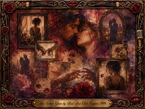 A romantic, fading-memory collage centers on an intimate couple surrounded by framed silhouettes, reaching hands, roses, and glowing city scenes. Deep crimson, burgundy, amber, violet, and gold create a warm, wistful mood. Soft, painterly lighting blends oil, acrylic, and watercolor textures, while an ornate music-themed frame completes the nostalgic composition.