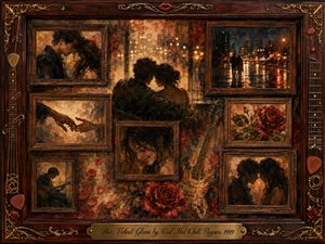 A warm, nostalgic collage portrays intimate romantic memories through layered rosewood frames, embracing figures, roses, and a softly glowing electric guitar. Rich burgundy, amber, brown, and gold tones dominate beneath gentle, diffused lighting. Painterly oil and watercolor textures create a dreamlike, fading atmosphere, bordered by ornate musical details and an engraved brass title plate.