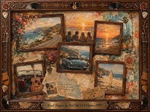 A nostalgic mixed-media collage captures a sunlit California road trip through framed coastal highways, a vintage convertible, acoustic guitar, ocean sunsets, maps, tickets, and beach memories. Warm amber, teal, coral, and sepia tones glow softly across layered watercolor and oil textures, surrounded by an ornate rosewood music-themed frame and engraved title plate.