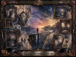 A solitary figure stands on a weathered pier at twilight, surrounded by fading portraits, roses, cracked mirrors, empty rooms, and distant city lights. Deep blues, violets, and smoky grays soften into amber sunset glow. Layered oil, acrylic, and watercolor textures create a haunting, nostalgic collage framed with ornate musical details.