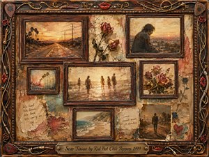 A nostalgic rosewood-framed collage blends faded road scenes, lonely figures, wilted roses, coastal memories, and blurred silhouettes beneath warm golden light. Sepia, dusty red, cream, turquoise, and weathered brown tones create a tender melancholy. Cracked paint, torn paper, stitched textures, guitar strings, chrome details, and an engraved title plate suggest healing through time.