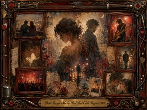A richly textured memory collage centers on a sorrowful woman and distant man dissolving into a rain-lit cityscape. Vintage rosewood frames hold intimate couples, concert scenes, and lonely streets. Deep reds, smoky blues, warm browns, and gold glow softly through layered oil, acrylic, and watercolor textures, framed with ornate musical details.