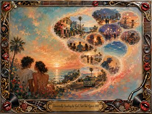 A warm, impressionistic sunset scene follows a young couple overlooking the ocean as feathered memory bubbles sweep upward in an elegant S-curve. Coastal streets, city lights, dancing figures, music, bicycles, and travel memories glow in coral, turquoise, gold, and violet, surrounded by an ornate chrome-and-gold musical frame.