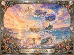 A dreamy watercolor coastal sunset unfolds beneath lavender-blue twilight, where luminous feathered bubbles spiral in an elegant S-curve through drifting memories of beaches, roads, city lights, and quiet figures. Peach, turquoise, coral, gold, and violet washes create a tender nostalgic glow, surrounded by an ornate chrome-and-gold musical frame with roses, strings, records, and an engraved title plate.