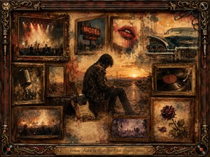 A solitary musician sits beside a weathered guitar against a glowing desert highway, surrounded by framed fragments of faded rock-and-roll memories. Warm sepia, amber, muted teal, and dusty red tones blend through painterly oil, acrylic, and watercolor textures. Ornate rosewood and gold framing enhances the nostalgic, melancholic atmosphere.
